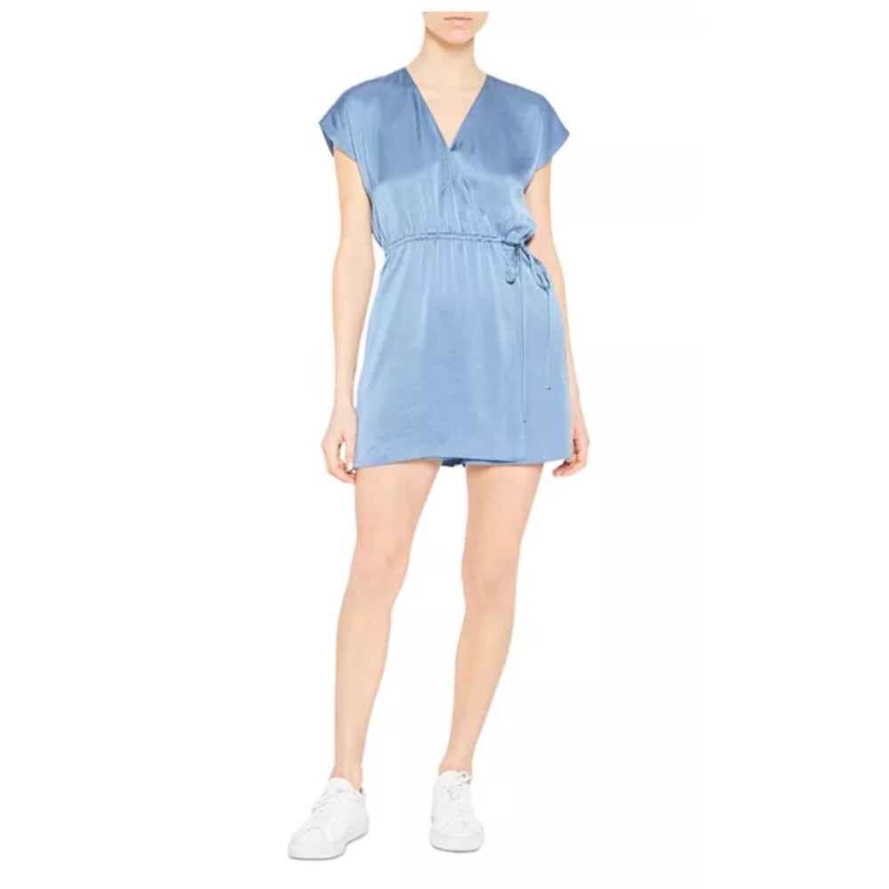 THEORY Wrap Satin Romper, Blue, Size P (0)